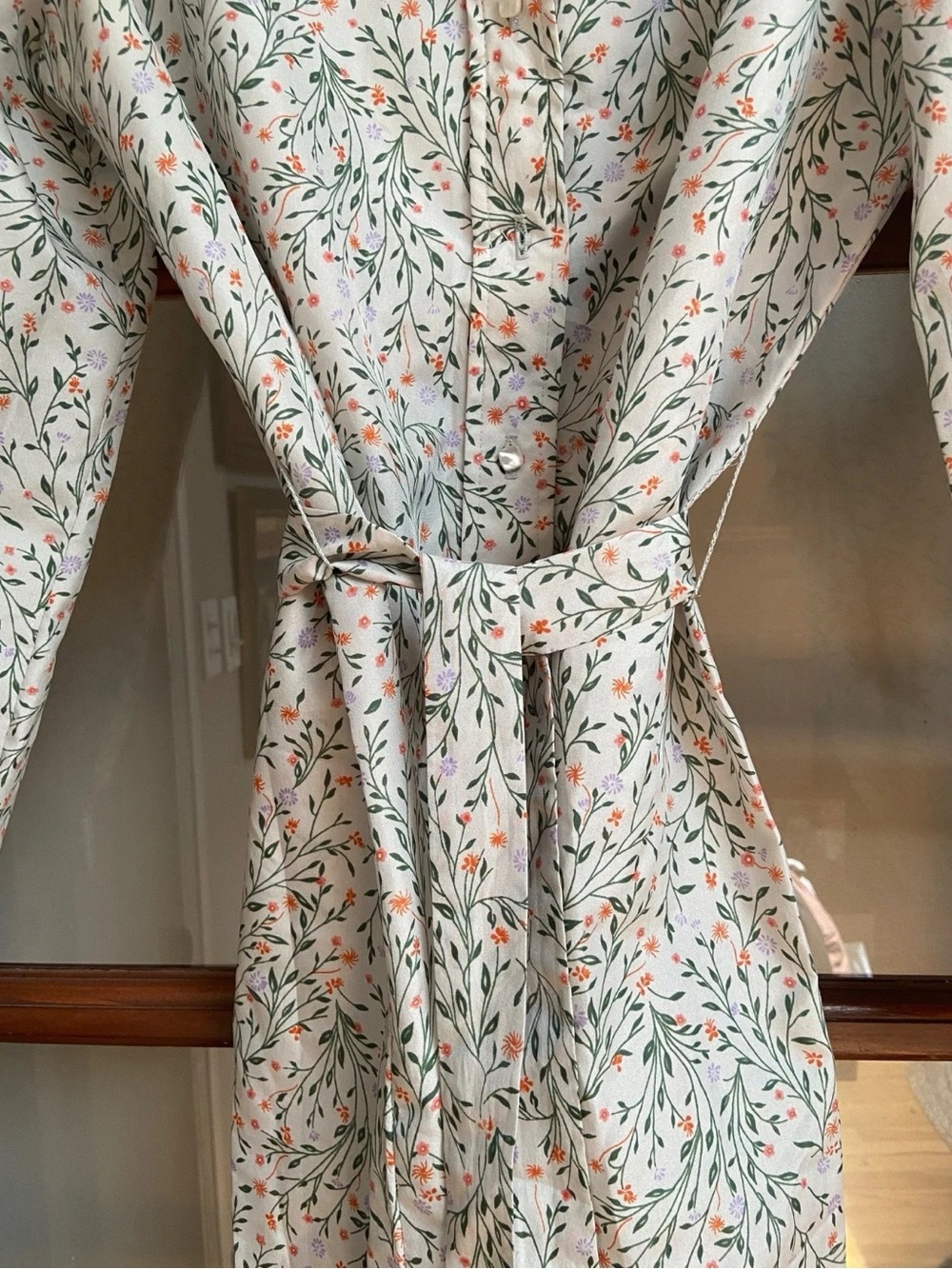 Lanvin Cream Midi Dress with Green Vine and Orange Floral Print